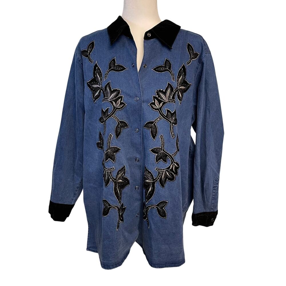 Victor Costa Blue Button-Down Shirt with Black Floral Appliqué